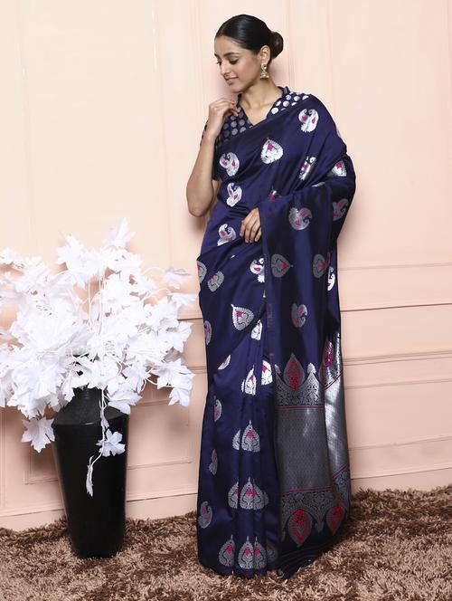navy blue banarasi saree with blouse - 18113900 - Very Small Image - 1