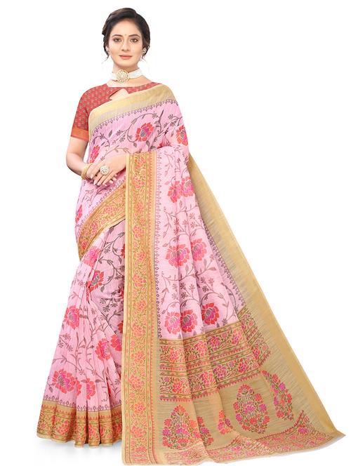 pink cotton printed saree with blouse - 18114273 - Very Small Image - 1