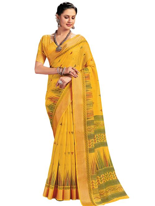 Yellow Ikat Print Saree With Blouse - 18119617 - Very Small Image - 1