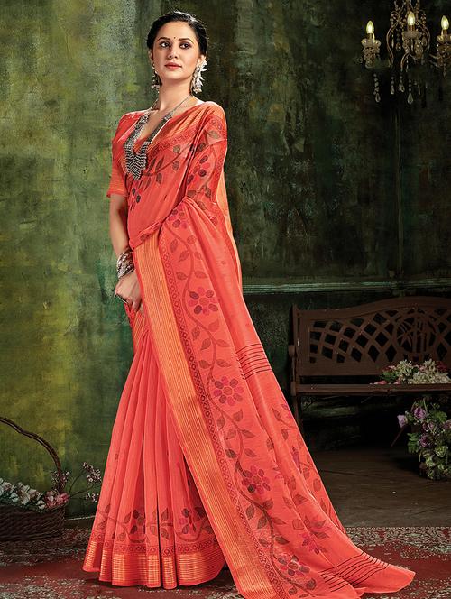 Women's Leaf Print Peach Colored Saree - 18119620 - Very Small Image - 1