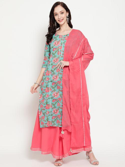 blue kurta palazzo set with dupatta - 18141485 - Very Small Image - 1