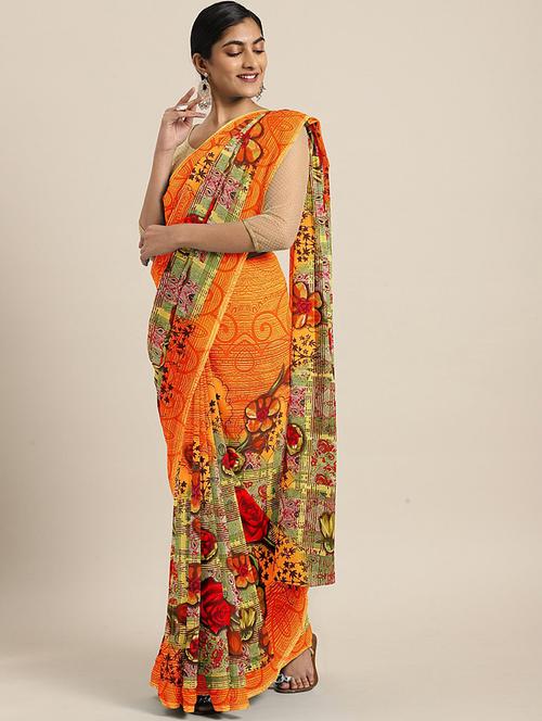 women's floral orange colored saree - 18142719 - Very Small Image - 1