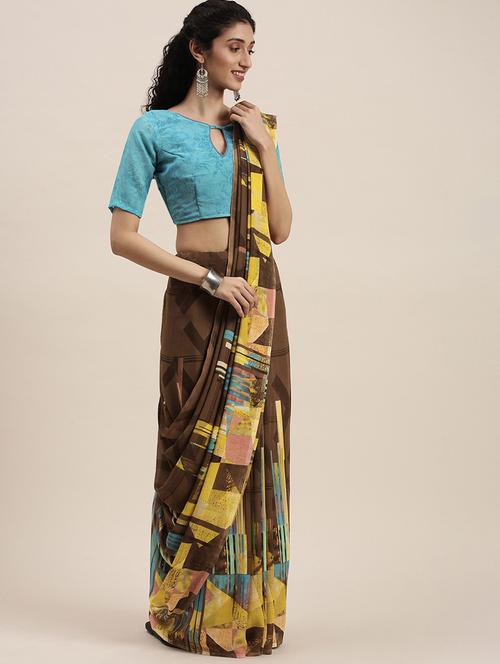 brown georgette printed saree with blouse - 18144993 - Very Small Image - 1