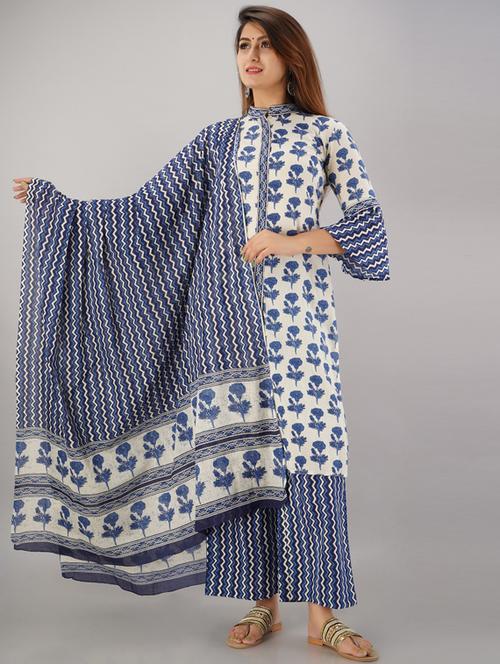 blue cotton kurta dupatta  set - 18145176 - Very Small Image - 1