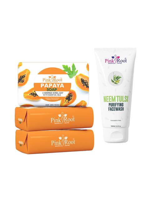 pink root papaya soap 100gm (pack of 3) with pink root neem tulsi purifying face wash 100ml - 18165895 - Very Small Image - 1