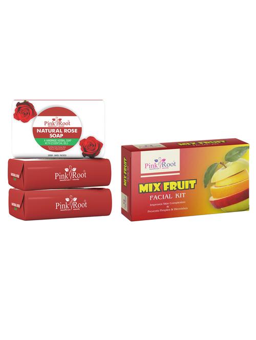 pink root natural rose soap 100gm (pack of 3) with pink root mix fruit facial kit - 18166058 - Very Small Image - 1