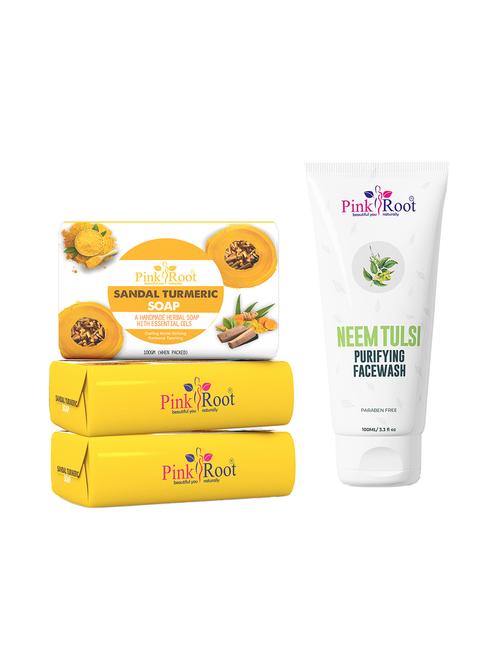 pink root sandal turmeric soap 100gm (pack of 3) with pink root neem tulsi purifying face wash 100ml - 18166149 - Very Small Image - 1