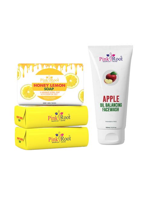 pink root honey lemon soap 100gm (pack of 3) with pink root apple oil balancing face wash 100ml - 18166417 - Very Small Image - 1