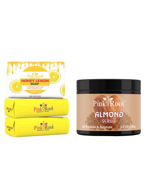 pink root honey lemon soap 100gm (pack of 3) with pink root almond scrub 100gm - 18166439 - Very Small Image - 1