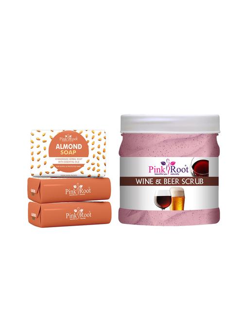 pink root almond soap 100gm (pack of 3) with pink root wine & beer scrub 500ml - 18166587 - Very Small Image - 1