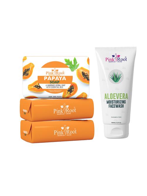 pink root papaya soap 100gm (pack of 3) with pink root aloe vera moisturizing face wash 100ml - 18166604 - Very Small Image - 1