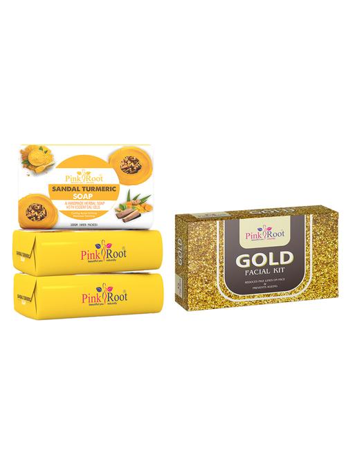 pink root sandal turmeric soap 100gm (pack of 3) with pink root gold facial kit - 18167039 - Very Small Image - 1