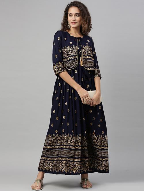 navy rayon anarkali kurta - 18171074 - Very Small Image - 1