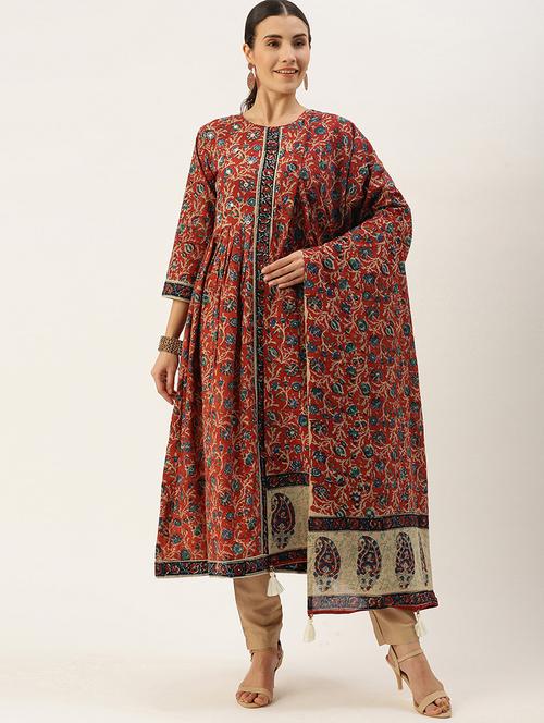 red cotton kurta dupatta  set - 18172386 - Very Small Image - 1