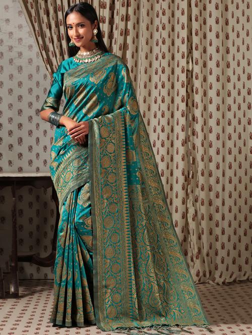 blue ethnic motif banarasi saree with blouse  - 18172458 - Very Small Image - 1