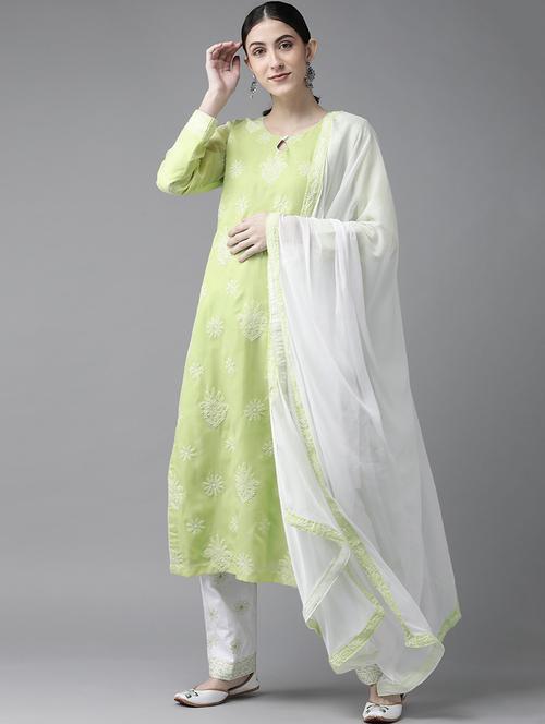 ada hand embroidered green/white cotton lucknowi chikankari unstitched suit piece	 - 18172883 - Very Small Image - 1