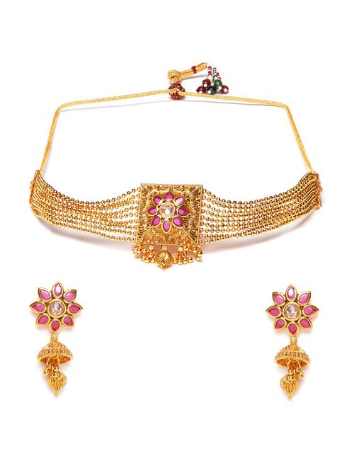 jewels gehna pink gold-plated stone studded handcrafted jewellery set - 18179486 - Very Small Image - 1