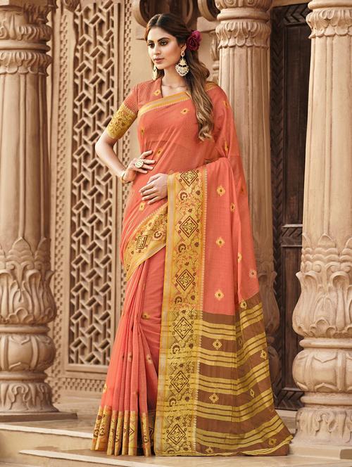women's self design peach colored saree with blouse - 18181527 - Very Small Image - 1
