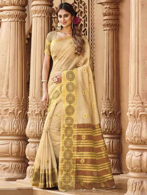 women's self design beige colored saree with blouse - 18181529 - Very Small Image - 1