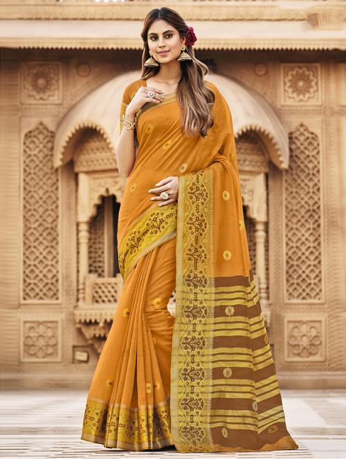 women's self design mustard colored saree with blouse - 18181530 - Very Small Image - 1