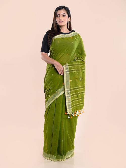 green cotton jamdani saree - 18183832 - Very Small Image - 1