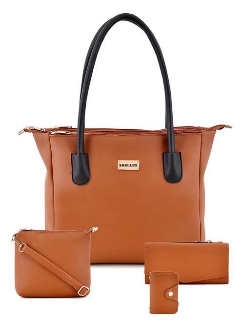 tan leatherette (pu) combo handbag - 18184128 - Very Small Image - 1
