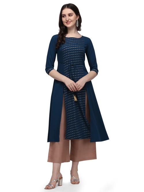 blue crepe a-line kurta - 18186036 - Very Small Image - 1