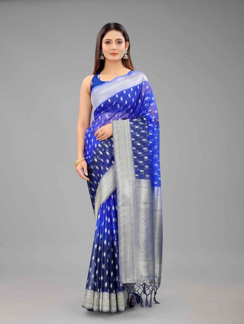 navy nylon banarasi saree with blouse - 18187192 - Very Small Image - 1