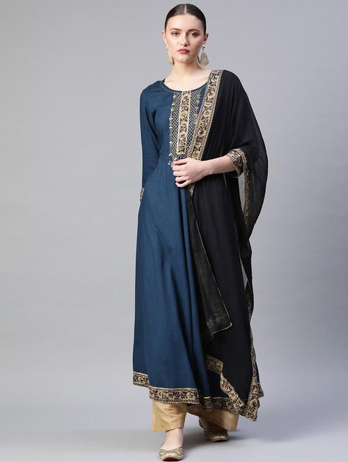 blue solid a-line kurta and dupatta set - 18187258 - Very Small Image - 1