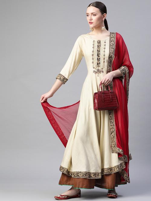 beige solid a-line kurta and dupatta set - 18187260 - Very Small Image - 1