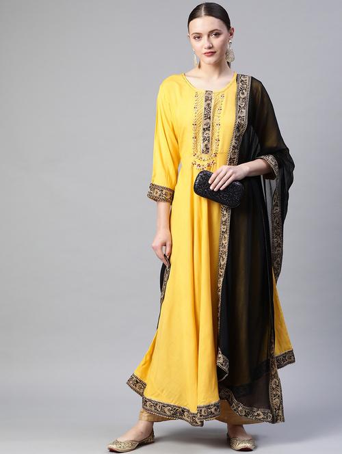 yellow solid a-line kurta and dupatta set - 18187261 - Very Small Image - 1