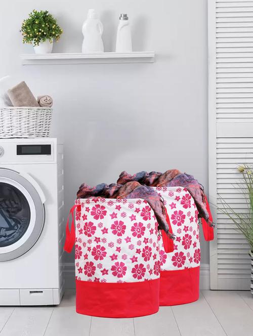 Kuber Industries Flower Printed 2 Pieces Waterproof Cotton Laundry Bag,laundry Basket 45 L (pink) - 18188455 - Very Small Image - 1