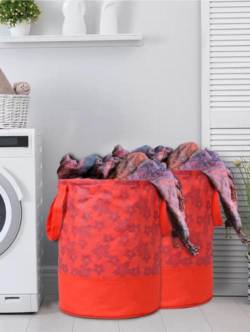 Kuber Industries Metalic Flower Print Round Foldable Laundry Basket With Handles,45 Ltr (red) - 18188496 - Very Small Image - 1
