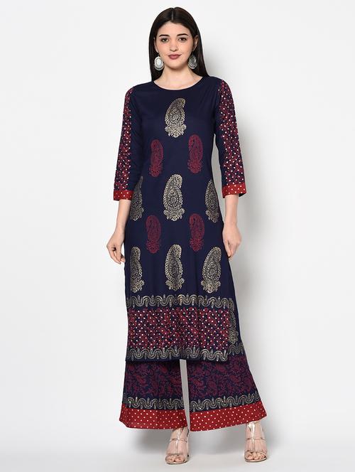 aniyah women block print straight kurta & palazzo set - 18192110 - Very Small Image - 1