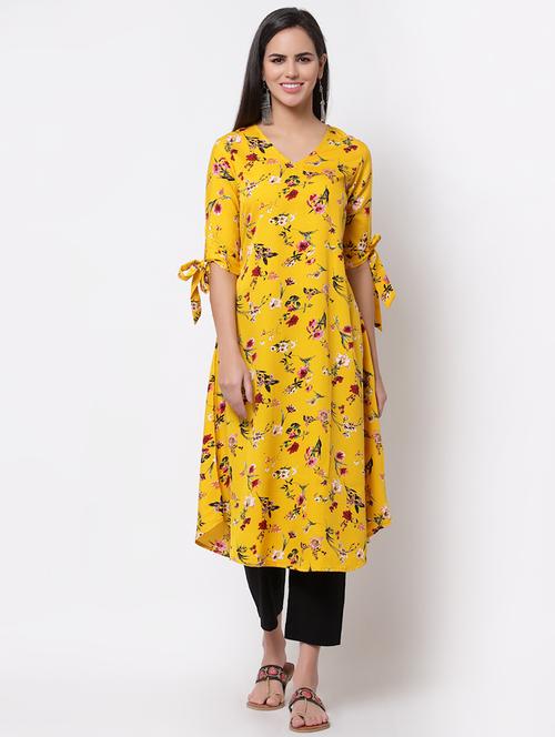 short tied-up sleeved floral-printed straight kurta - 18192150 - Very Small Image - 1