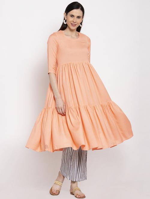 peach solid flared kurta - 18192530 - Very Small Image - 1