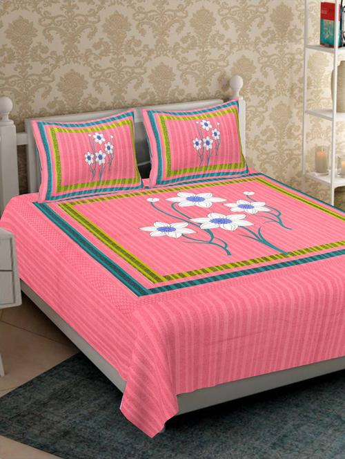 divamee jaipuri print cotton double bedsheet with 2 pillow covers -color resistance-size 85x90 inchs - 18199776 - Very Small Image - 1