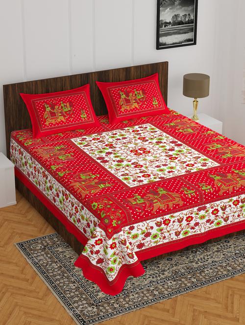 divamee jaipuri print cotton double bedsheet with 2 pillow covers -color resistance-size 85x90 inchs - 18199781 - Very Small Image - 1