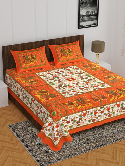 divamee jaipuri print cotton double bedsheet with 2 pillow covers -color resistance-size 85x90 inchs - 18199783 - Very Small Image - 1