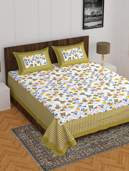 divamee jaipuri print cotton double bedsheet with 2 pillow covers -color resistance-size 85x90 inchs - 18199812 - Very Small Image - 1