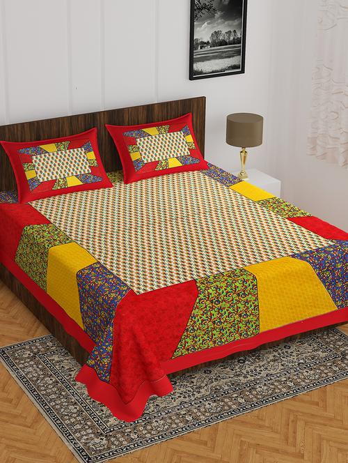 divamee jaipuri print cotton double bedsheet with 2 pillow covers -color resistance-size 85x90 inchs - 18199824 - Very Small Image - 1