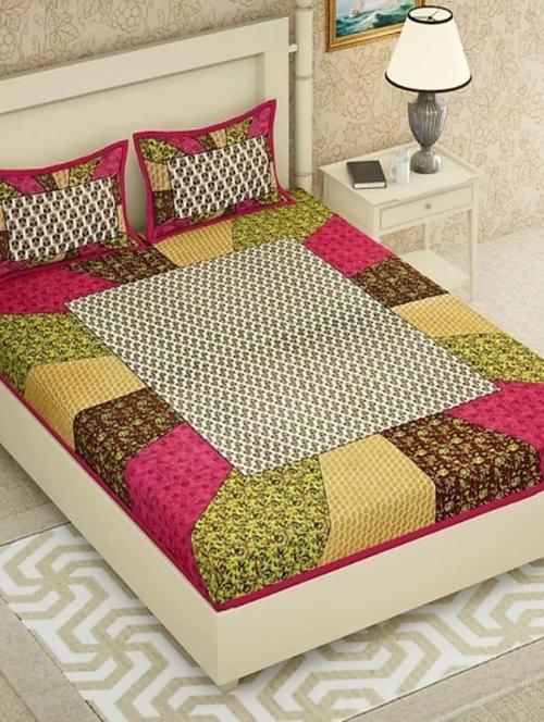 divamee jaipuri print cotton double bedsheet with 2 pillow covers -color resistance-size 85x90 inchs - 18199825 - Very Small Image - 1