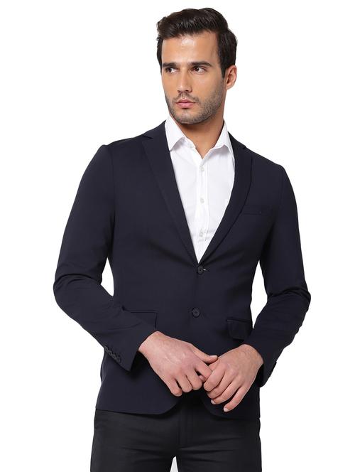 navy blue solid single breasted formal blazer - 18200052 - Very Small Image - 1