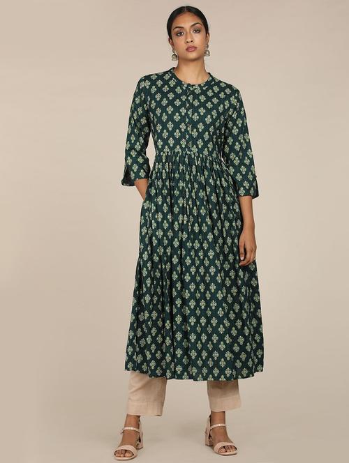 green printed flared kurta - 18202392 - Very Small Image - 1