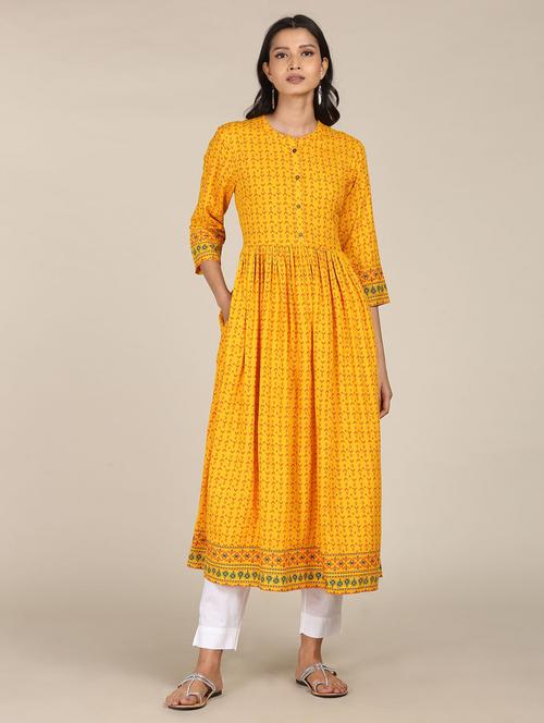 yellow printed flared kurta - 18202395 - Very Small Image - 1