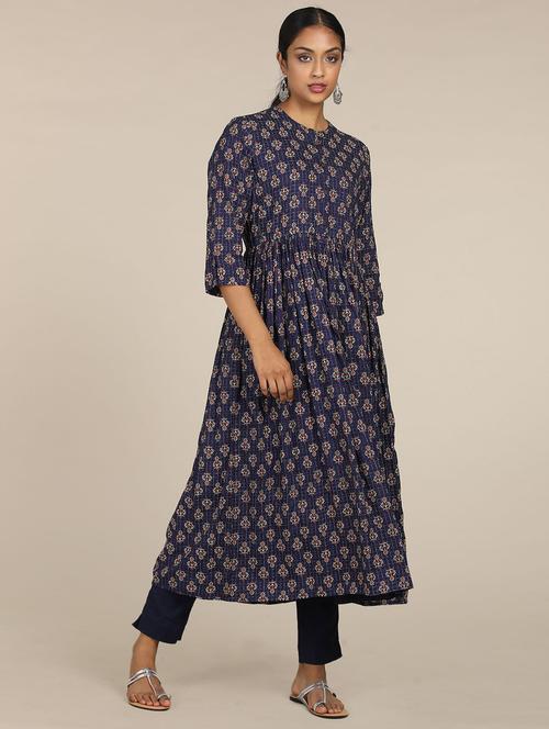 blue printed flared kurta - 18202419 - Very Small Image - 1