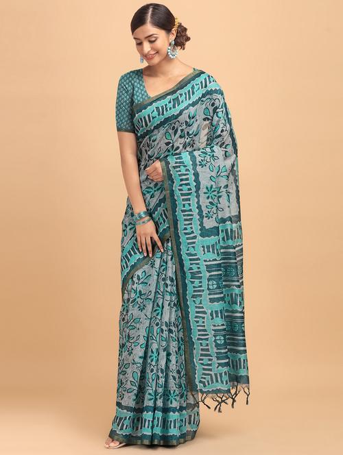 blue cotton printed saree with blouse - 18202921 - Very Small Image - 1