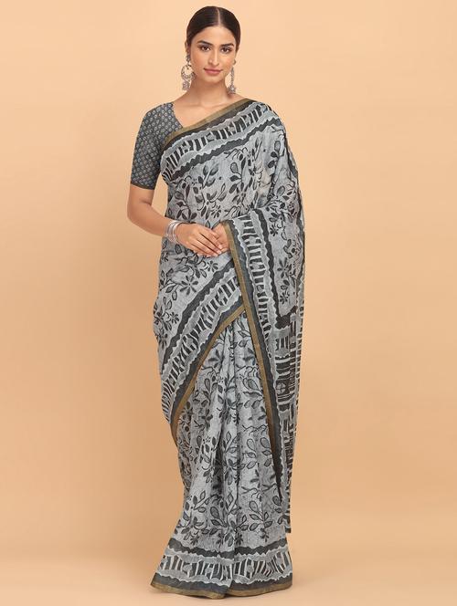 grey cotton printed saree with blouse - 18202923 - Very Small Image - 1