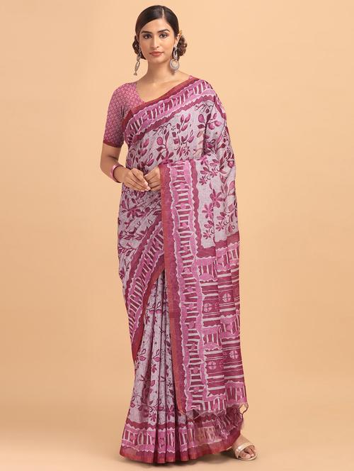 pink cotton printed saree with blouse - 18202924 - Very Small Image - 1