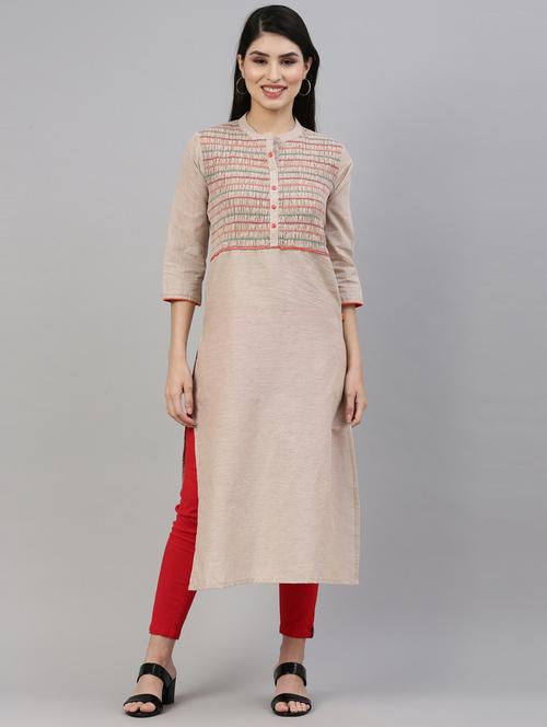 Beige Printed Straight Kurta - 18203934 - Very Small Image - 1